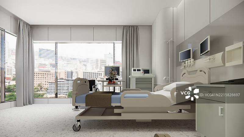 现代豪华医院房间室内，空床和扶手椅。现代手术室。现代手术室。图片素材
