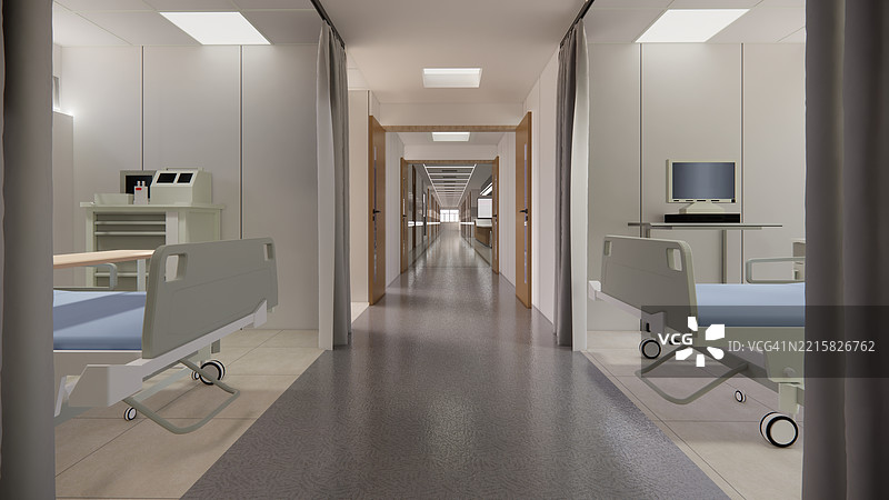 现代豪华医院房间内部，空床和扶手椅。现代手术室。现代手术室。图片素材