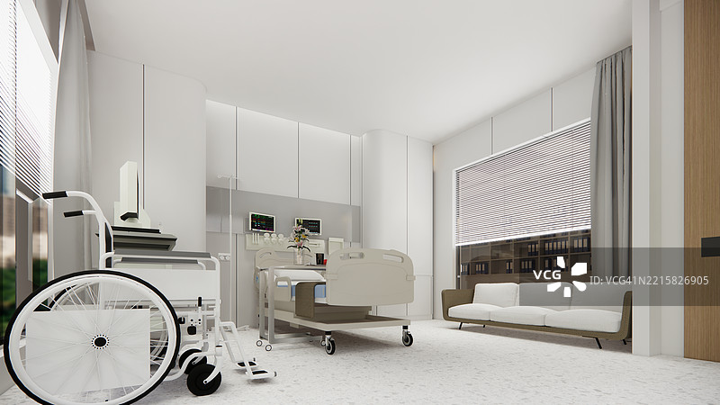 现代豪华医院房间室内，空床和扶手椅。现代手术室。现代手术室。图片素材