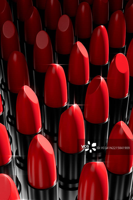 三维生动的红色口红以时尚的图案排列，突出其光泽质感和丰富色彩。时尚、美容的垂直背景。化妆品。非常适合化妆行业的视觉效果。护肤。图片素材