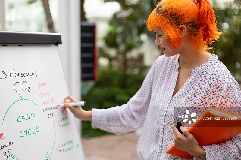 Young scientist analyzing carbon cycle diagram图片素材