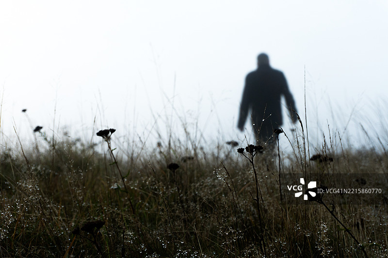 在乡村的雾霭弥漫的日子里，一个孤独迷失的身影在背景中行走。图片素材