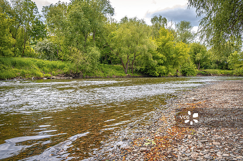 宁静的萨尔河沿着有卵石的林荫岸流淌，四周环绕着郁郁葱葱的绿意，耶拿，图林根州，德国，欧洲图片素材
