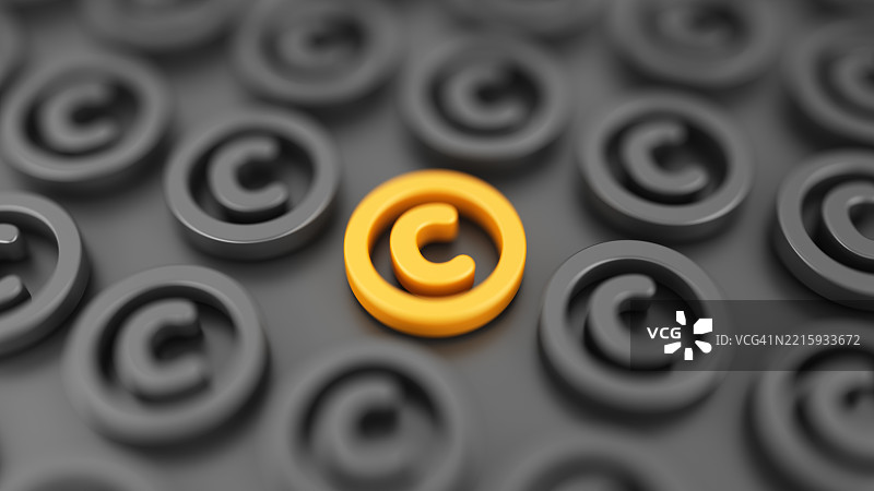 明亮的橙色版权图标在深色符号的图案中格外显眼，涉及知识产权、权利管理和数字所有权。图片素材