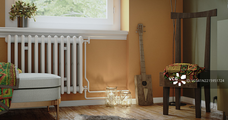 波希米亚风格的室内，配有非洲风格的纺织品和乡村风格的木家具图片素材