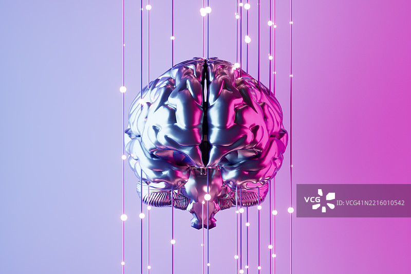 人工智能，带有光纤电缆的大脑图片素材