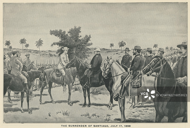 古老的雕刻插图，描绘了圣地亚哥围城战或古巴圣地亚哥围城战，这是西班牙–美国战争在古巴岛上的最后一次重大行动（托拉尔将军于1898年7月17日向沙夫特将军投降）。图片素材