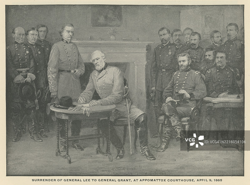 老版雕刻插图，描绘了1865年4月9日李将军在阿波马托克斯法院正式向格兰特将军投降，标志着弗吉尼亚州战争的结束（联邦胜利）。图片素材