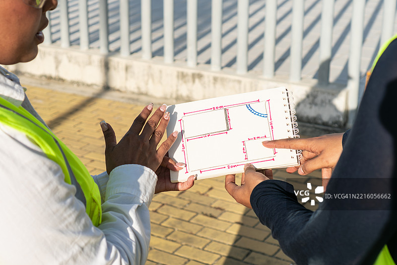 女性工程师在施工现场讨论蓝图图片素材