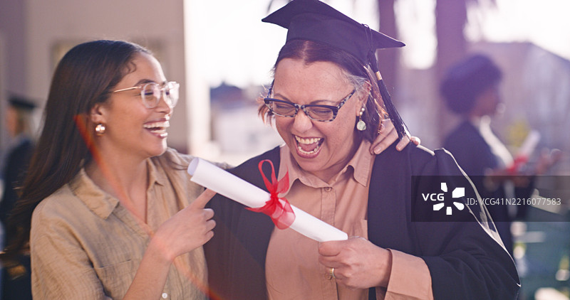 两位女性在户外庆祝毕业成就，满脸喜悦和幸福图片素材