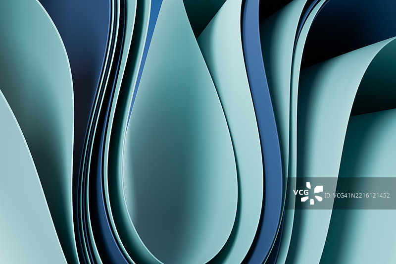 层叠的蓝色和青色曲线形成流动的有机形状的3D抽象背景。现代数字图案，适合设计、品牌和当代艺术视觉效果。图片素材