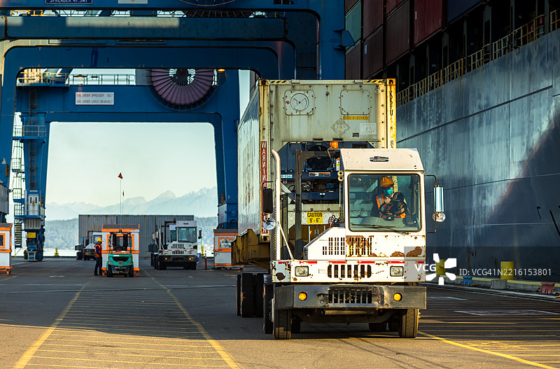 塔科马，华盛顿阳光明媚的日子里，码头工人在集装箱码头驾驶货车图片素材