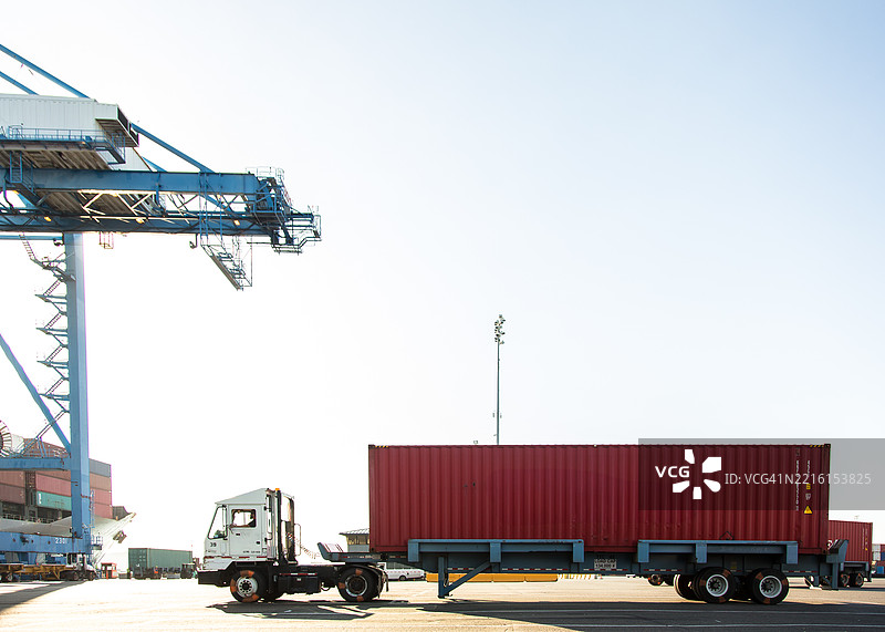 阳光明媚的日子里，塔科马港的集装箱码头上停着一辆装有红色集装箱的货车图片素材