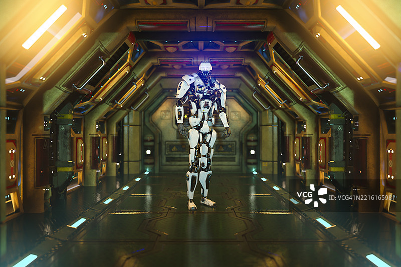 机器人站在未来主义的大厅里图片素材
