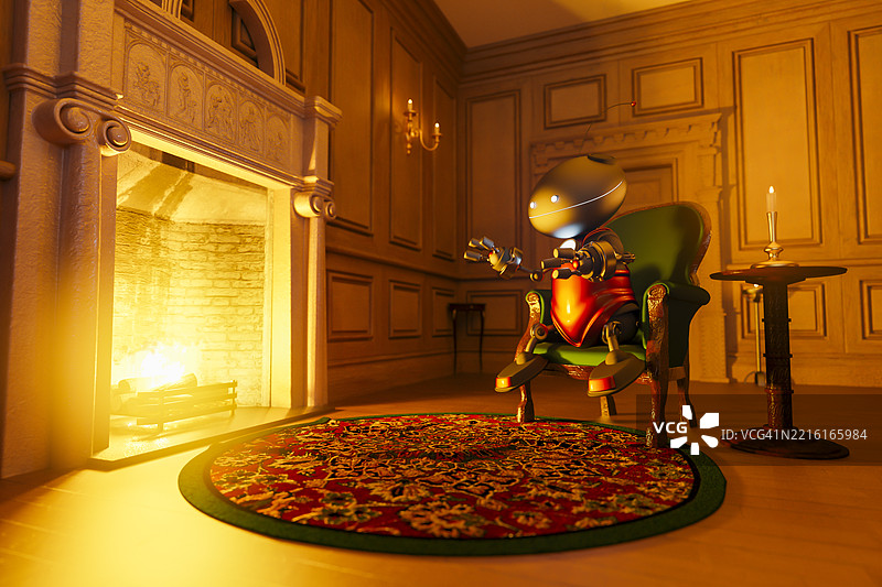 机器人享受火焰的温暖图片素材