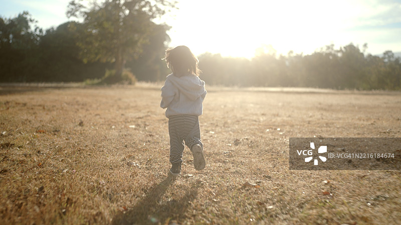 一个女孩在清晨的草地上奔跑。图片素材