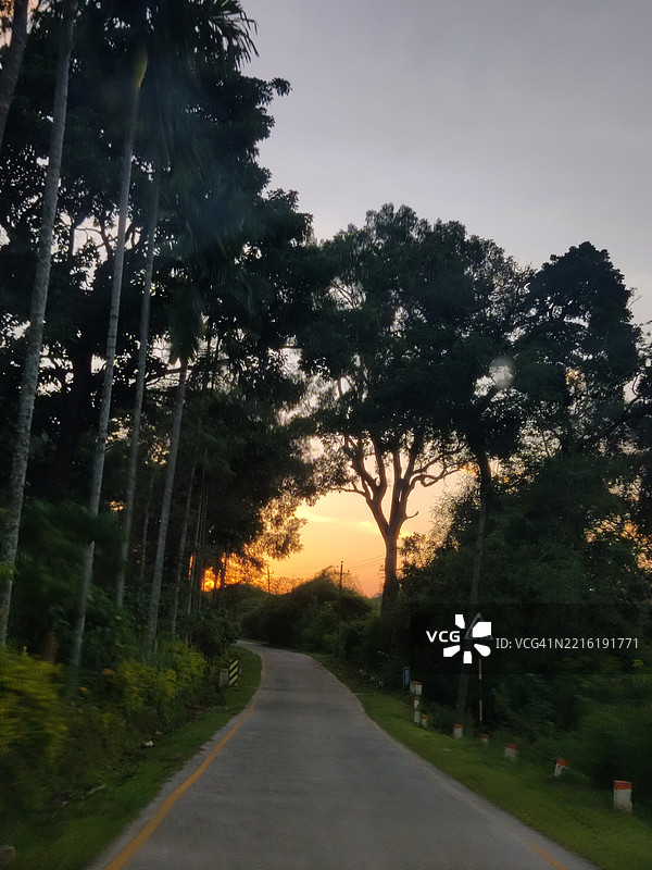 美丽的天空和日落，树木和空旷的道路相映成趣/马迪凯里/库尔古/卡纳塔克图片素材