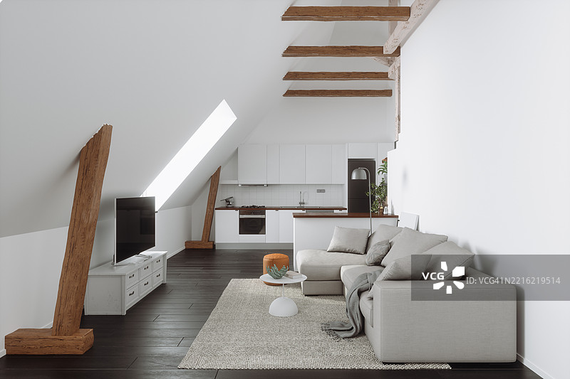 现代阁楼生活空间，配有角落沙发、电视机和开放式厨房图片素材