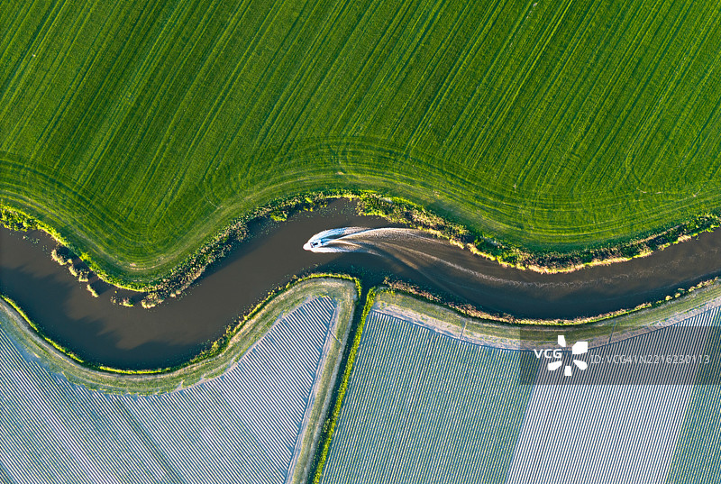 高速快艇在农业景观中飞驰的航拍图图片素材