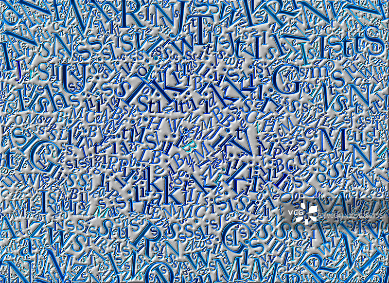 抽象背景，灰色背景上杂乱的浮雕字母。图片素材