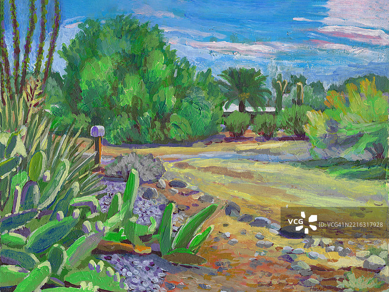 夏季郁郁葱葱的沙漠风景印象派画作图片素材