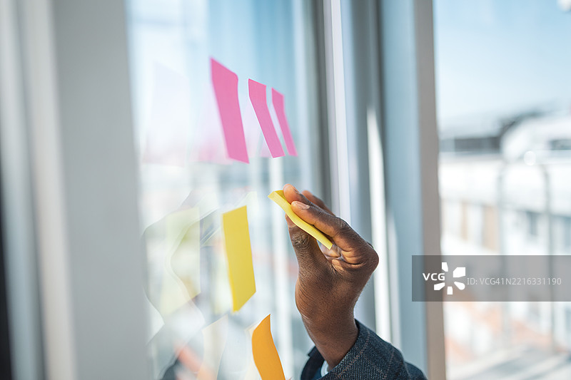 现代办公室中使用五彩缤纷的便利贴进行创意头脑风暴会议图片素材