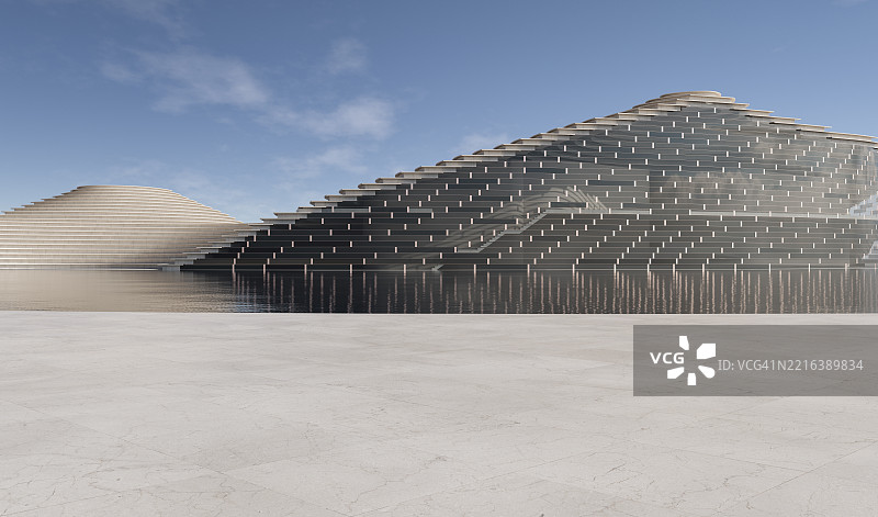 现代曲线建筑外的 marble 地板，屋顶上有座椅碗。图片素材