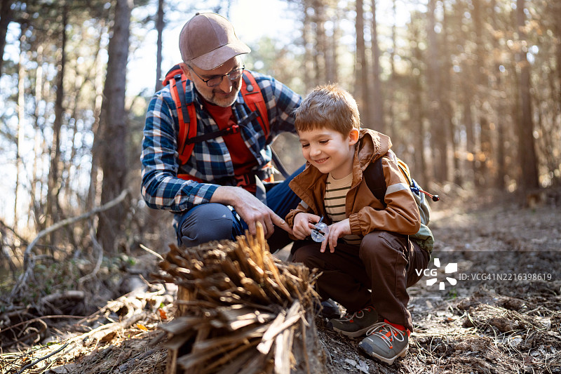 父亲和儿子一起探索森林，学习自然知识。图片素材