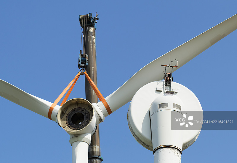 风力涡轮机的拆解，准备运往南美洲，随后在荷兰进行二次使用，现场无人可见图片素材