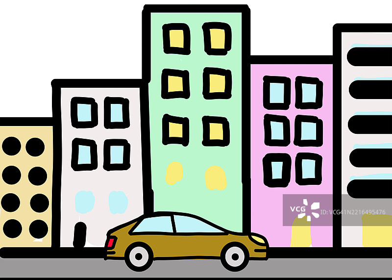 城市中有色彩斑斓建筑的汽车插图图片素材