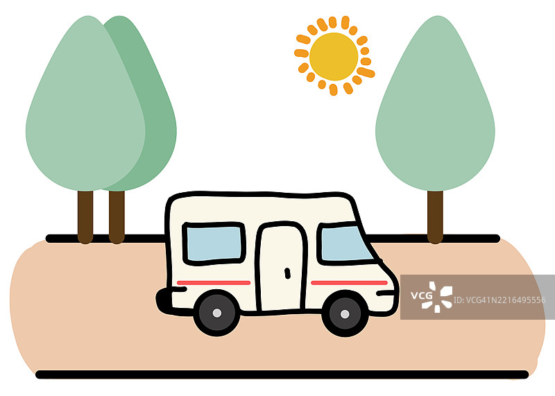 自然中树木和阳光下的极简主义露营车插图图片素材