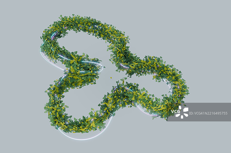 未来感有机形状与植物，数字生成图像。图片素材