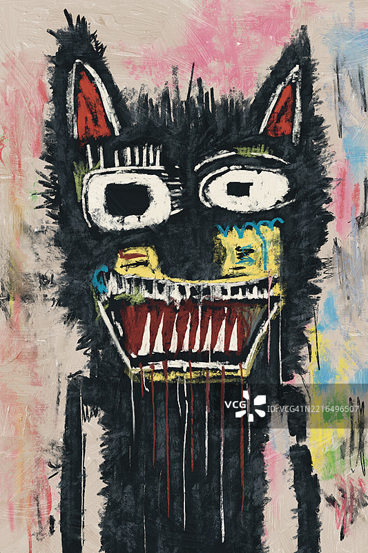 色彩斑斓的画作，描绘了一只风格化的黑猫，露出锋利的牙齿，表情狂野而凶猛。图片素材