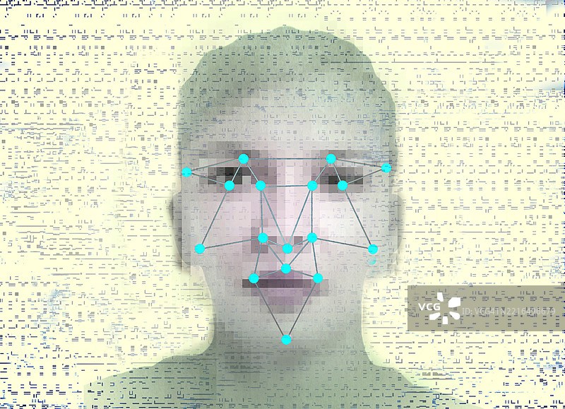 带有面部识别图案和计算机故障效果的面孔图片素材