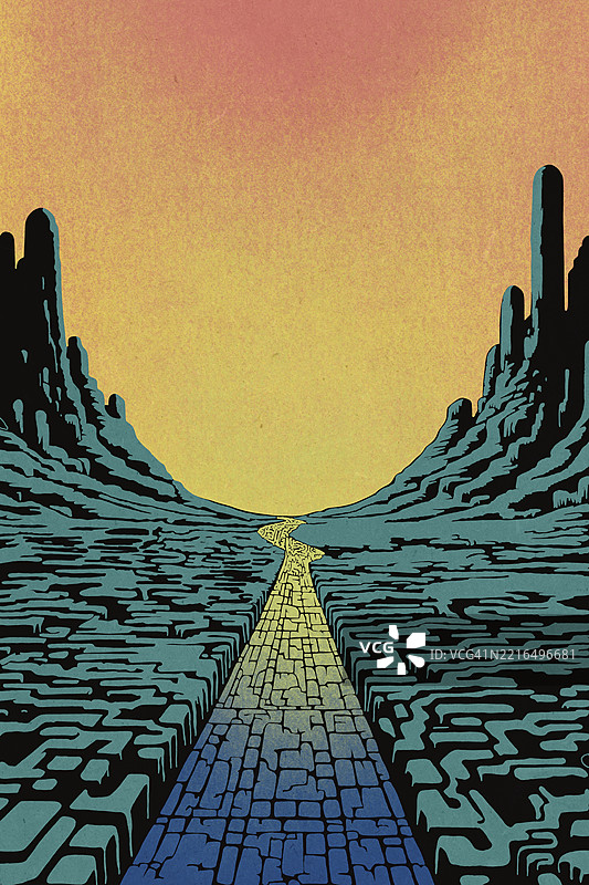 蜿蜒的砖路通向地平线，穿过梦幻般的日落景观图片素材