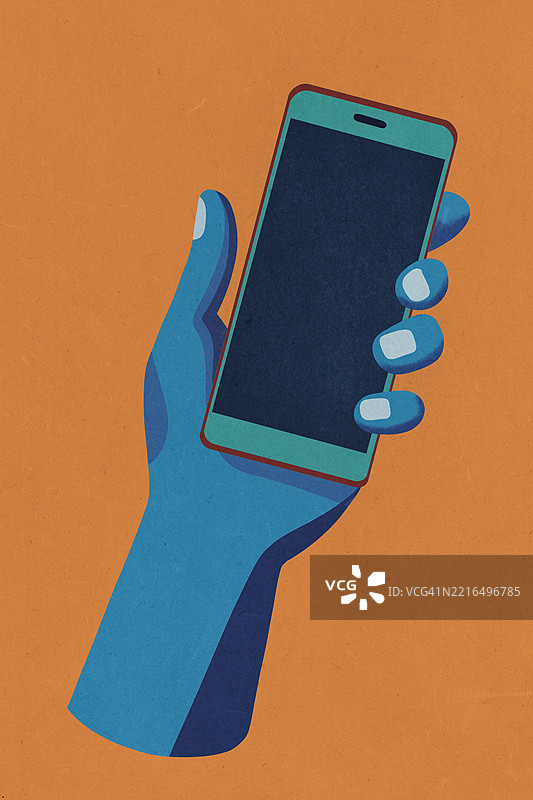 一只蓝色的手举着一部屏幕空白的智能手机插图图片素材