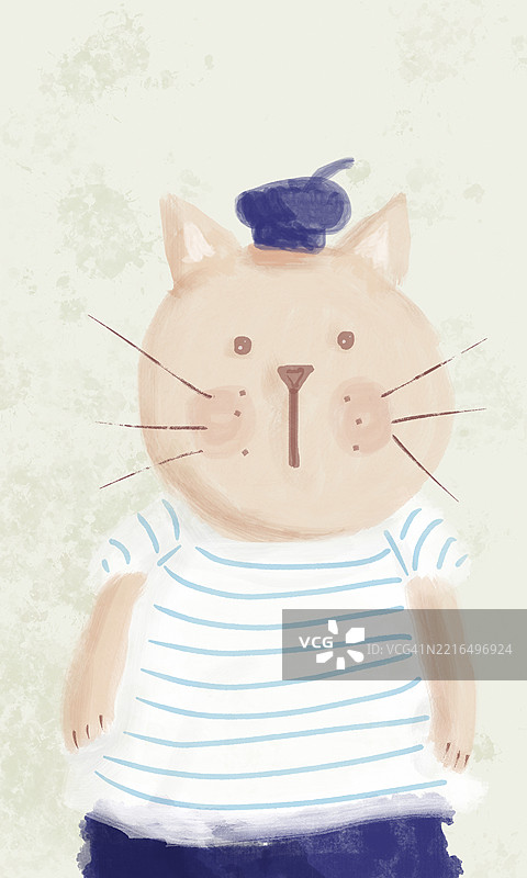 可爱的海洋猫插图，穿着条纹衬衫和贝雷帽图片素材