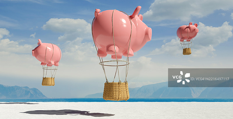 象征性插图：储蓄罐作为热气球飞走的场景图片素材