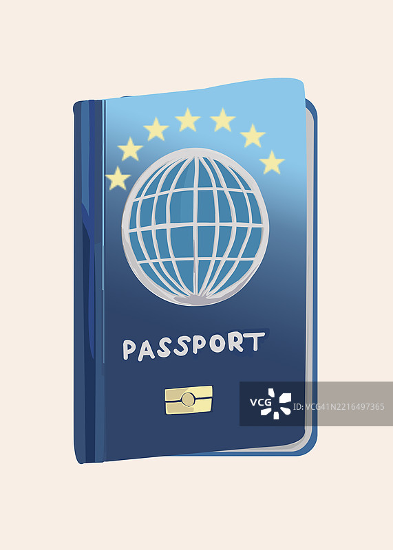 带有全球徽章和星星的蓝色护照插图图片素材