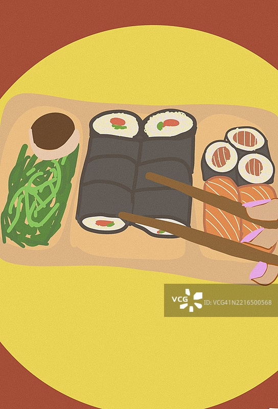 寿司餐点的插图，配有筷子和海苔图片素材