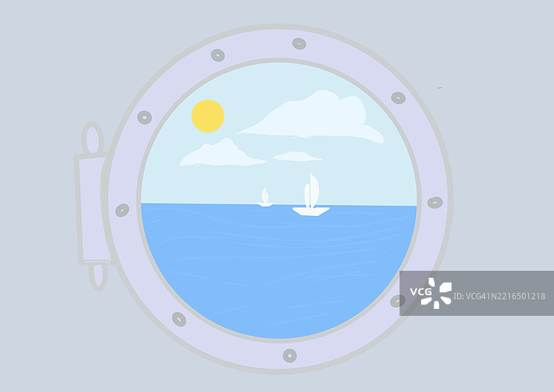 通过船舷窗户看到的海景插图，帆船和阳光明媚的天空图片素材