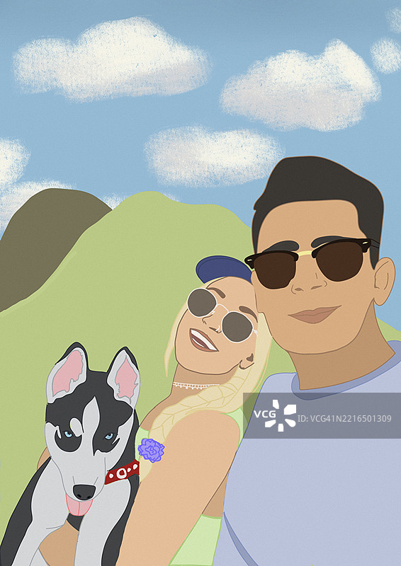 一对情侣在山中与哈士奇小狗的插图图片素材
