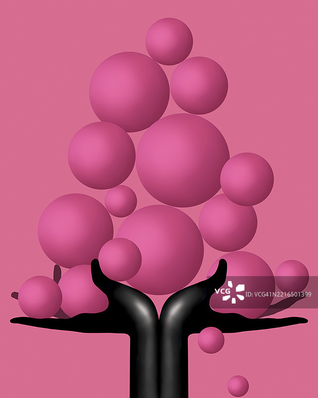 黑色手掌托起漂浮的粉色球体，背景为粉色，构成抽象的画面。图片素材