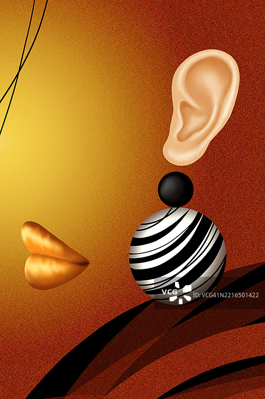 抽象现代插图，包含耳朵、嘴唇和斑马纹球体图片素材