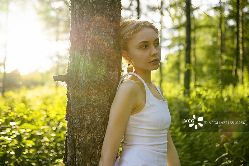 穿着白色裙子的女孩靠在阳光明媚的森林中的一棵树上图片素材