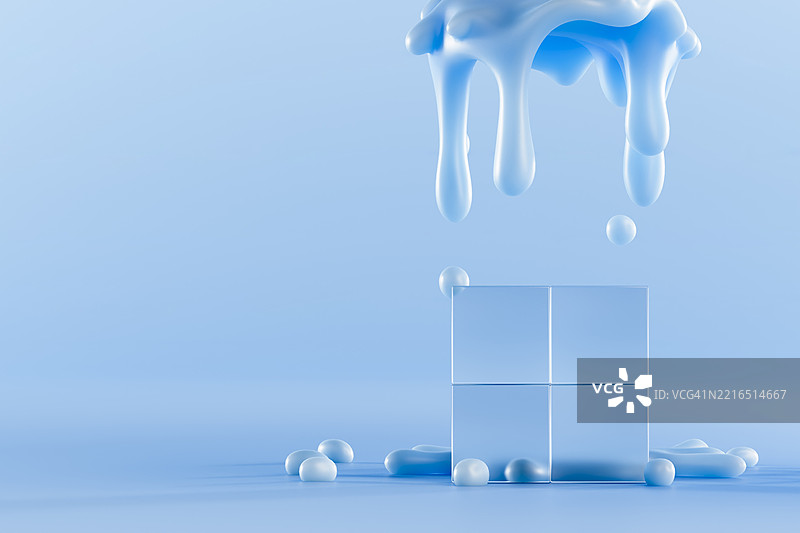 抽象的蓝色液体在极简环境中溅落在几何立方体上图片素材