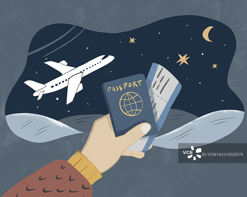 手握护照和机票的插图，夜空中飞翔的飞机图片素材