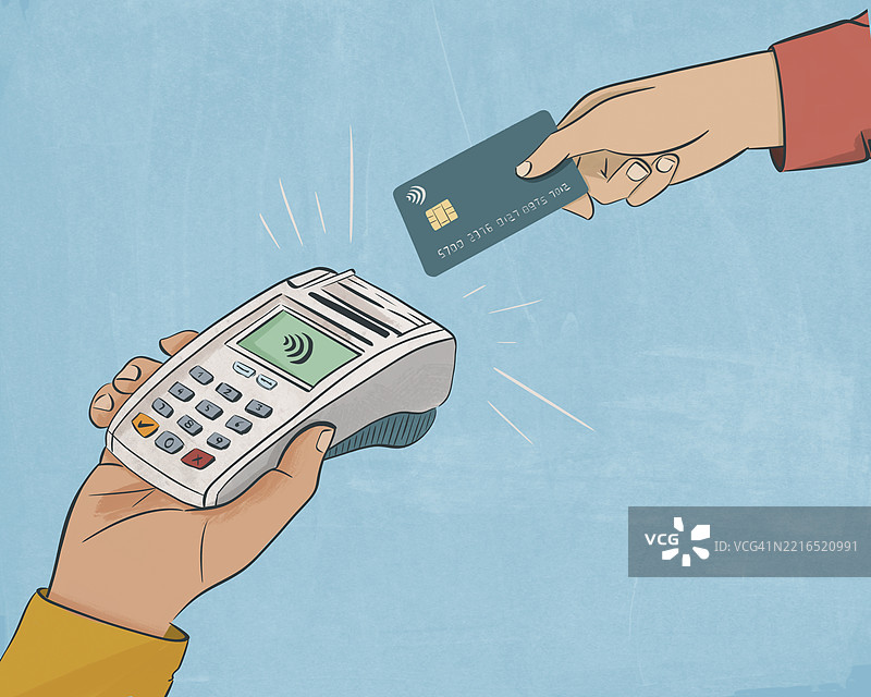 无接触支付的插图，展示信用卡与支付终端图片素材