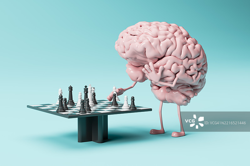 象征心理健康和智力的下棋大脑3D渲染图图片素材