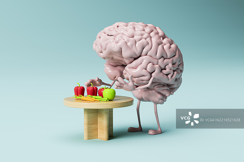 3D渲染的大脑在木桌上选择健康食品图片素材